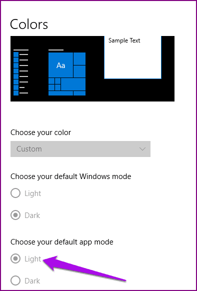 Deshabilitar el modo de aplicación predeterminado de color de Windows Dispositivos en modo oscuro claro