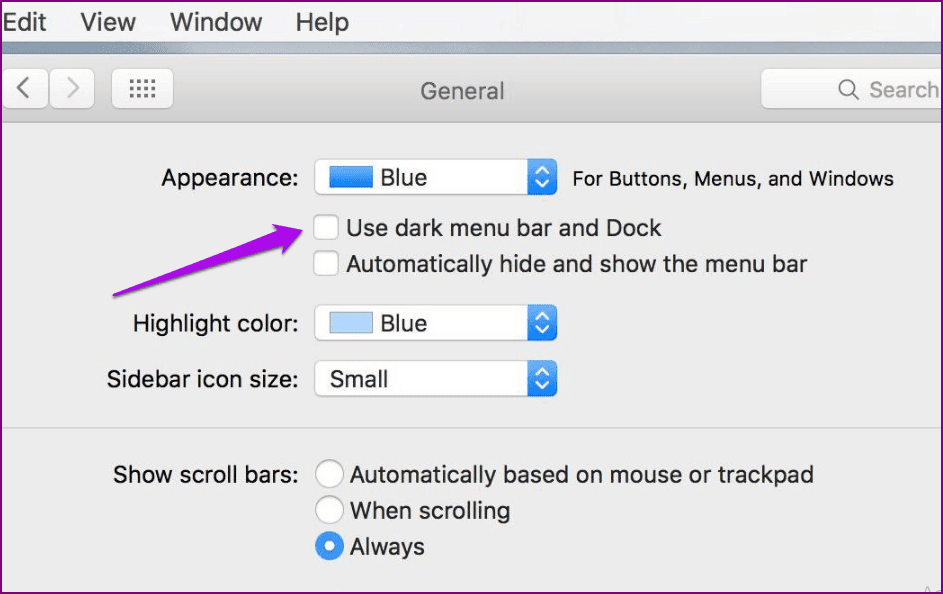 Deshabilitar dispositivos desde el modo oscuro Preferencias del sistema Uso general de Mac Barra de menú oscuro Dock