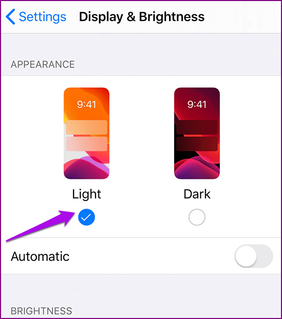 Deshabilitar dispositivos en modo oscuro iOS Pantalla Brillo Apariencia Luz