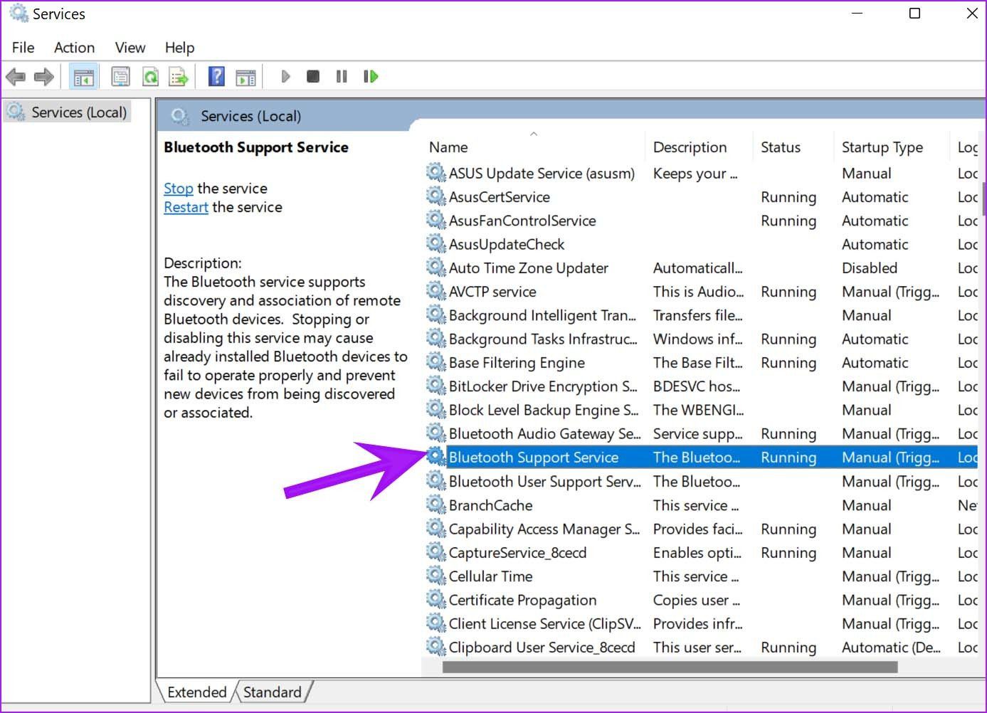 Abra el servicio de soporte de Bluetooth para arreglar la falta de Bluetooth en el Administrador de dispositivos en Windows 11