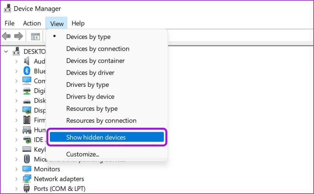 Mostrar dispositivos ocultos corregir la falta de bluetooth en el administrador de dispositivos en Windows 11