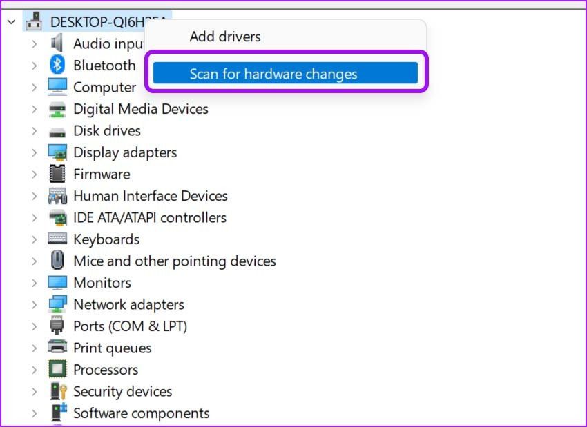 La búsqueda de cambios de hardware corrige la falta de Bluetooth en el Administrador de dispositivos en Windows 11