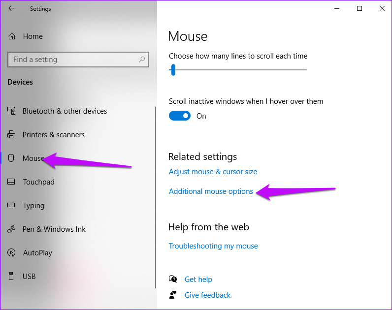 Opciones de mouse adicionales en la configuración de Windows