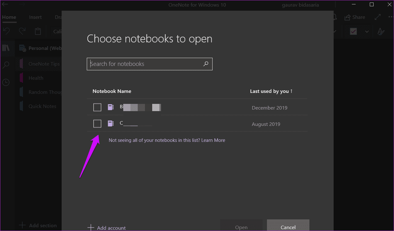 Solucionar el error de desaparición de One Note Notebook en Windows 3