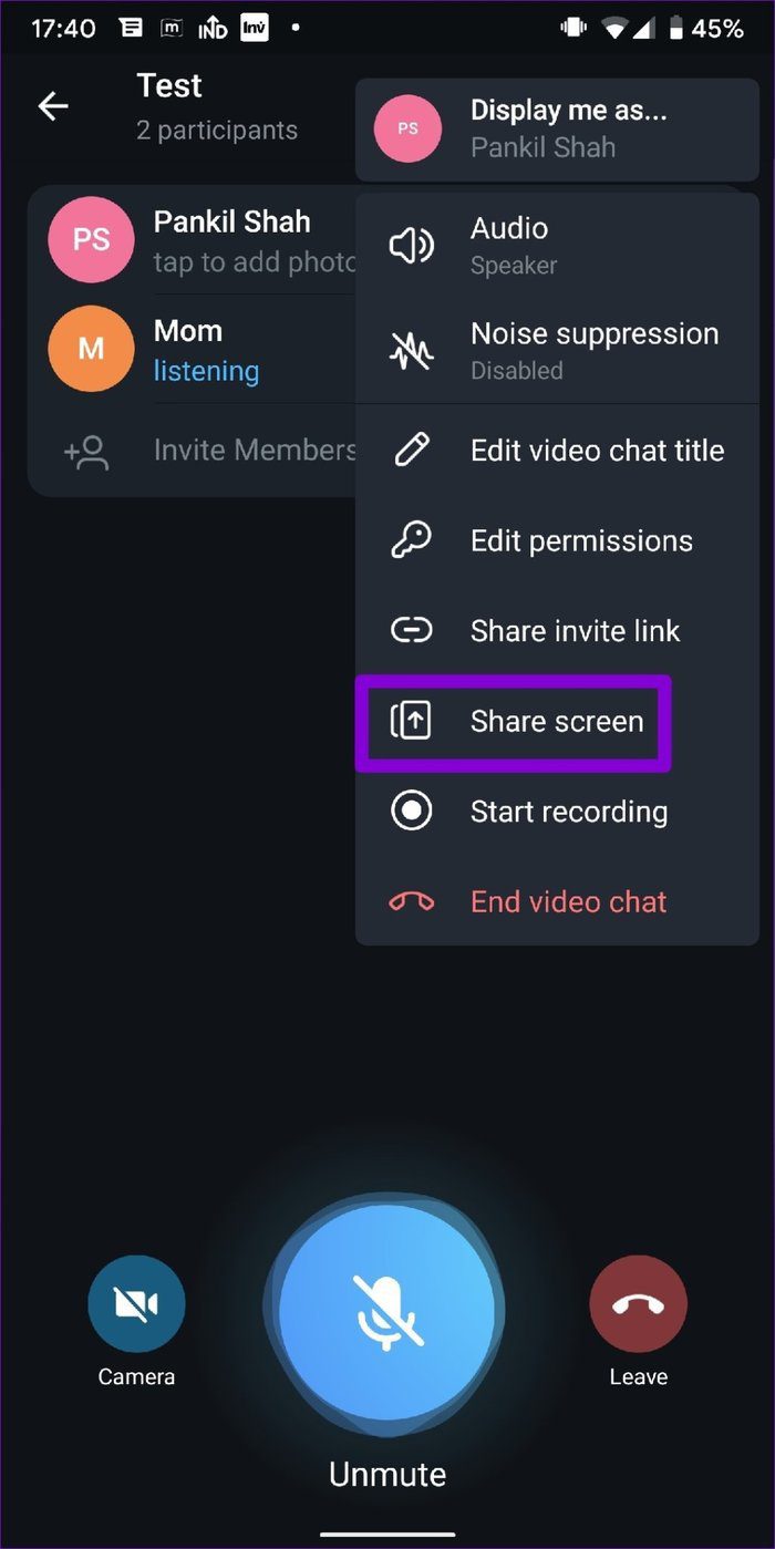 Compartir pantalla en Telegram Android Group Video Call