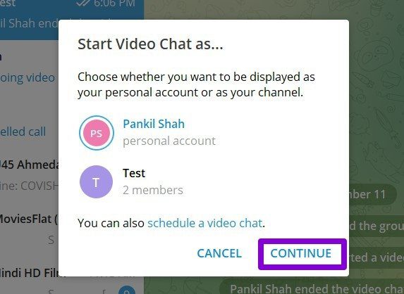 Iniciar una videollamada grupal en Telegram para PC