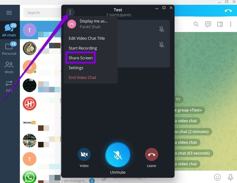 Compartir pantalla en videollamada grupal de Telegram