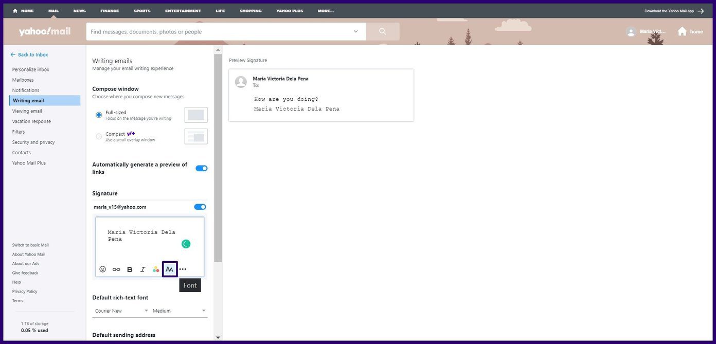 Crear firma de correo electrónico en Yahoo Mail Paso 6