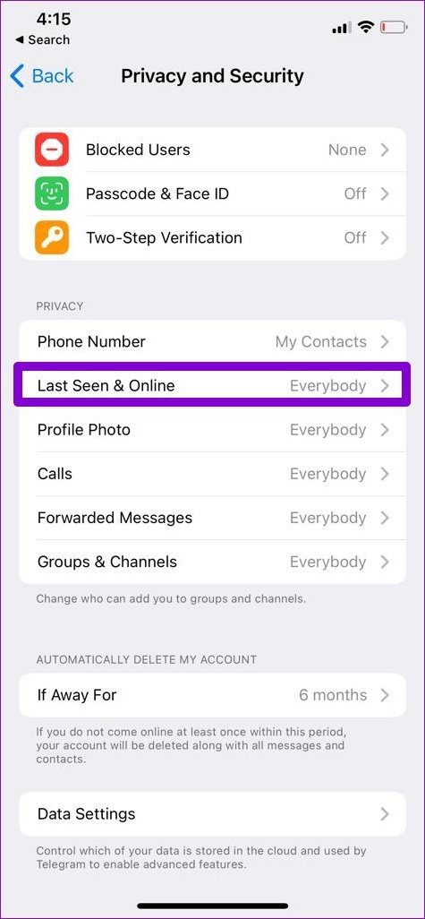 Configuración en línea vista por última vez en Telegram para iPhone