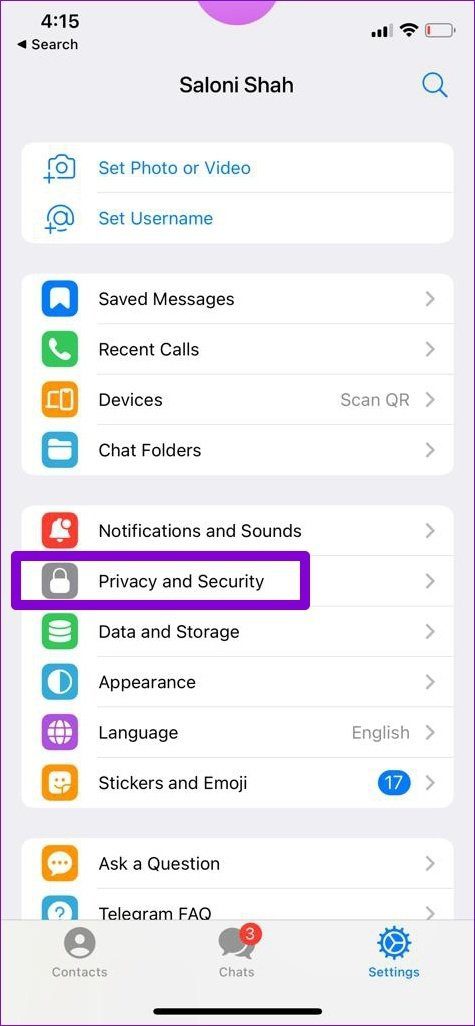 Configuración de privacidad y seguridad en Telegram para iPhone
