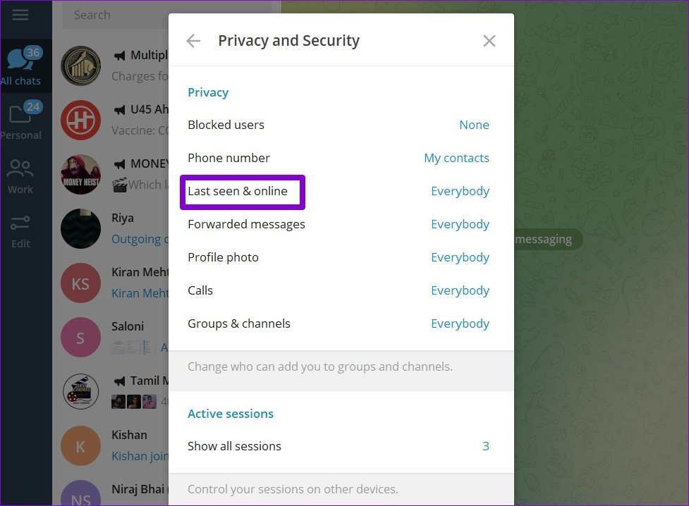 Configuración en línea vista por última vez en Telegram para escritorio