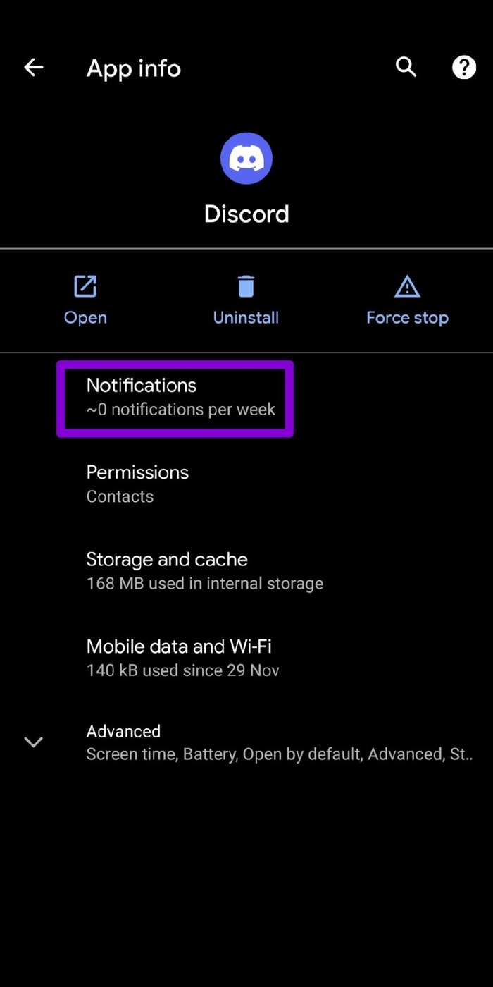 Configuración de notificaciones de discordia en Android