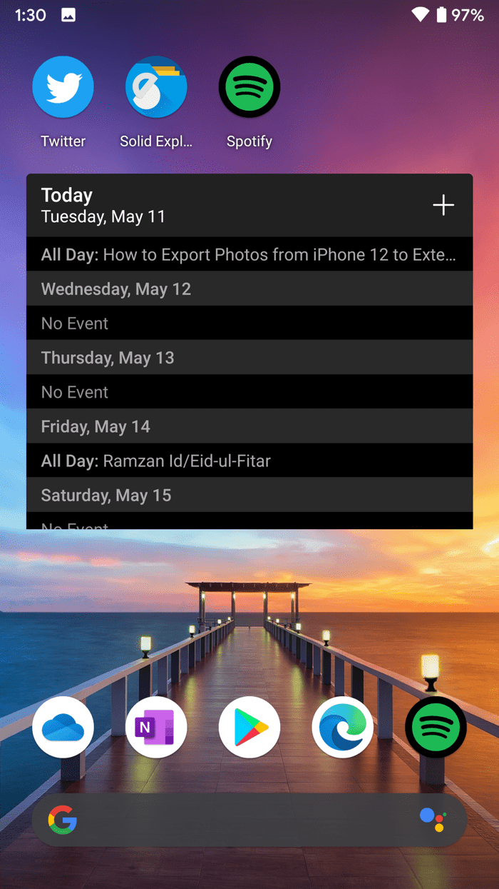 Widget de calendario de Outlook