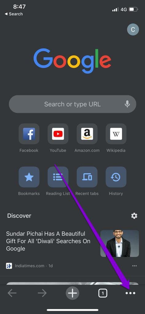 Pantalla de inicio de Google Chrome para iPhone