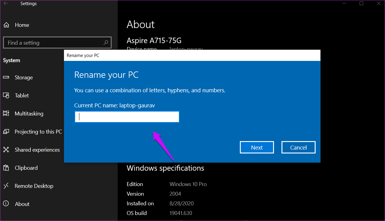Cambiar el nombre de la computadora en Windows 10 2