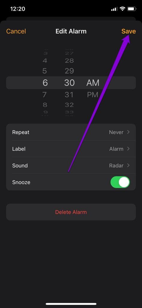 Guardar configuración de alarma en iPhone