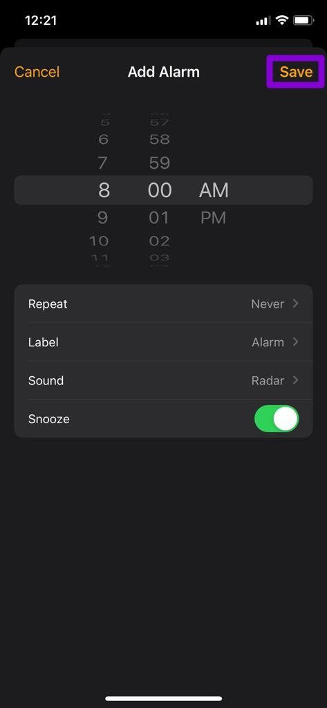 Guardar nueva alarma en iPhone