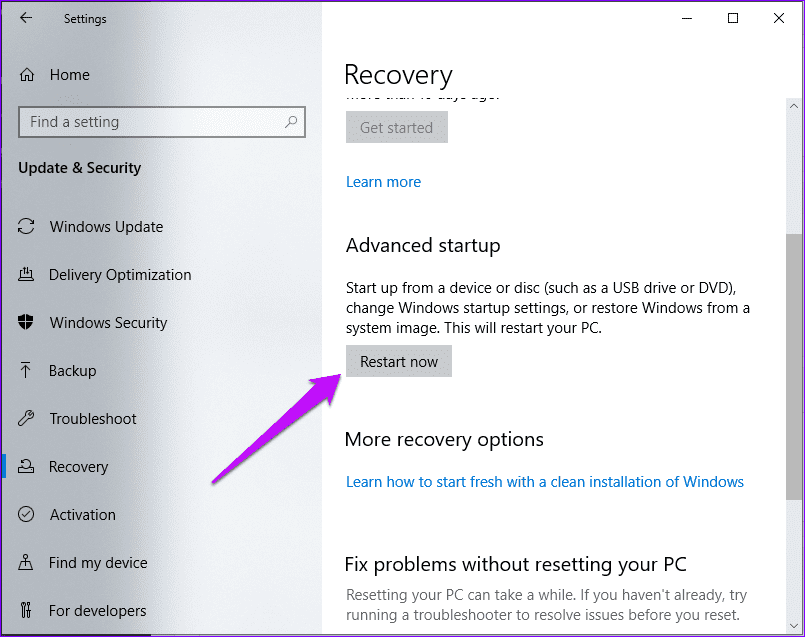 Restablecer la opción de recuperación de la configuración de Windows