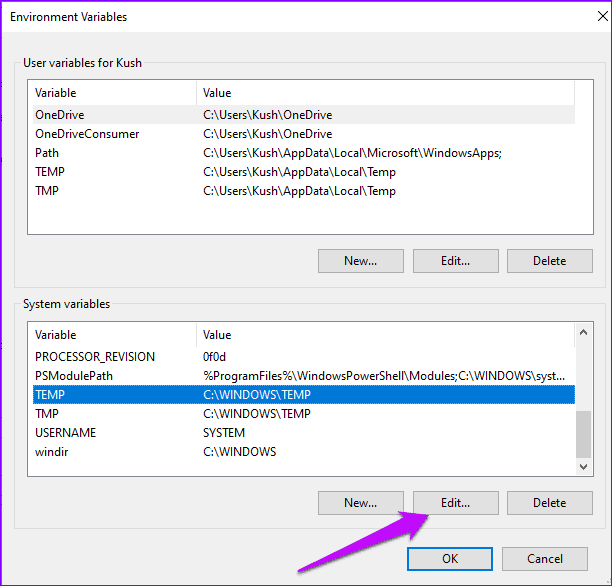 Cambiar la variable de entorno TEMP de Windows 10