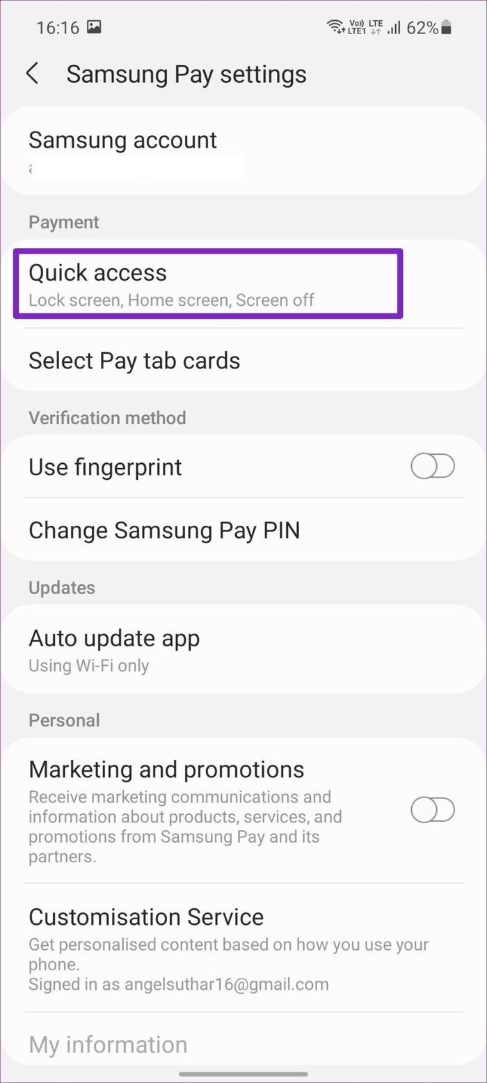 Seleccione Acceso rápido en Samsung Pay