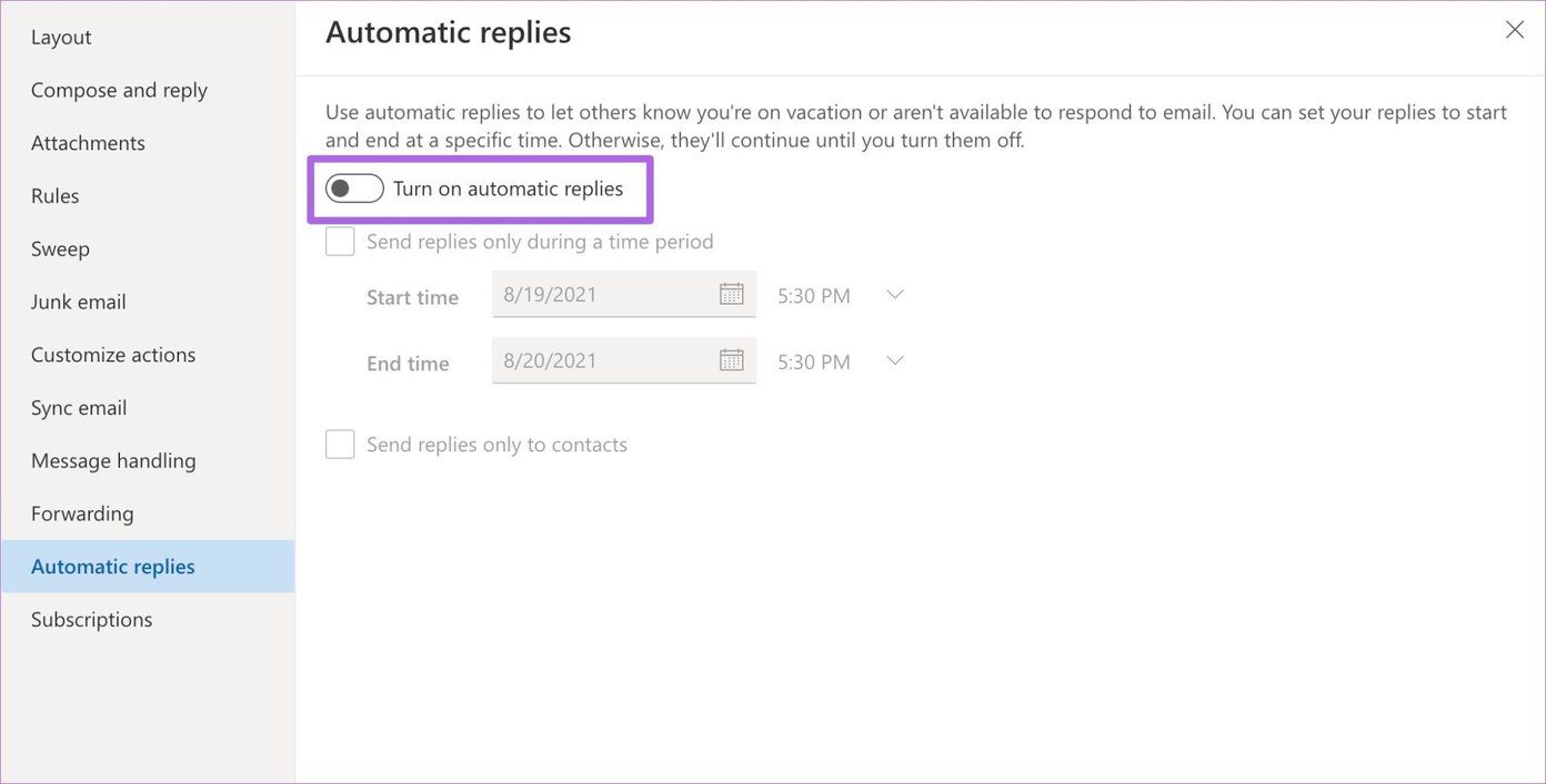 Habilitar respuestas automáticas en Outlook Web