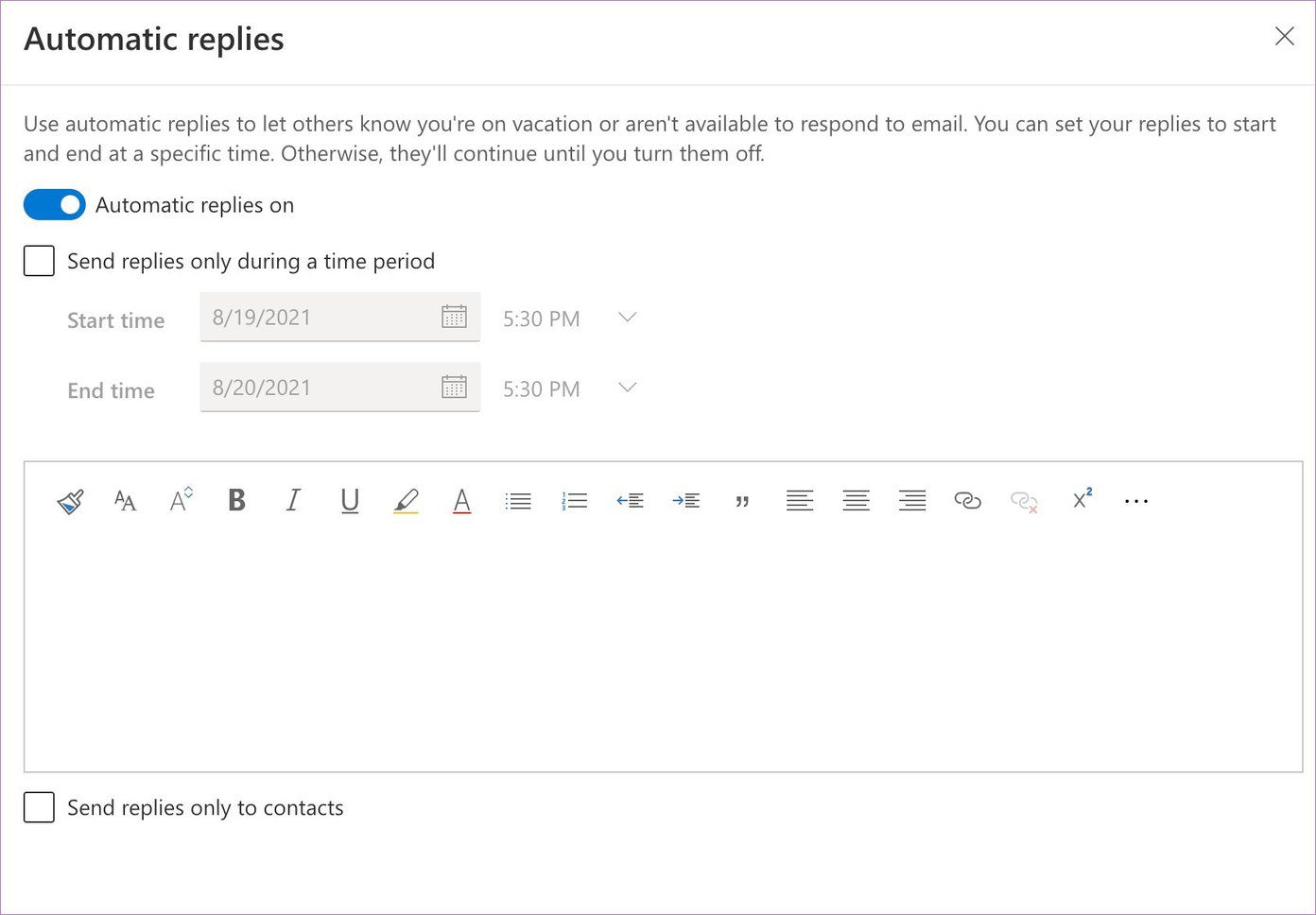 Enviar respuestas automáticas en la web de Outlook