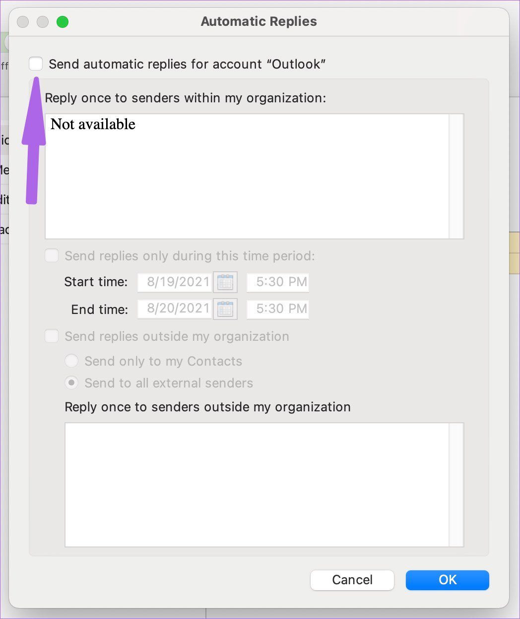 habilitar respuestas automáticas para Outlook en Mac