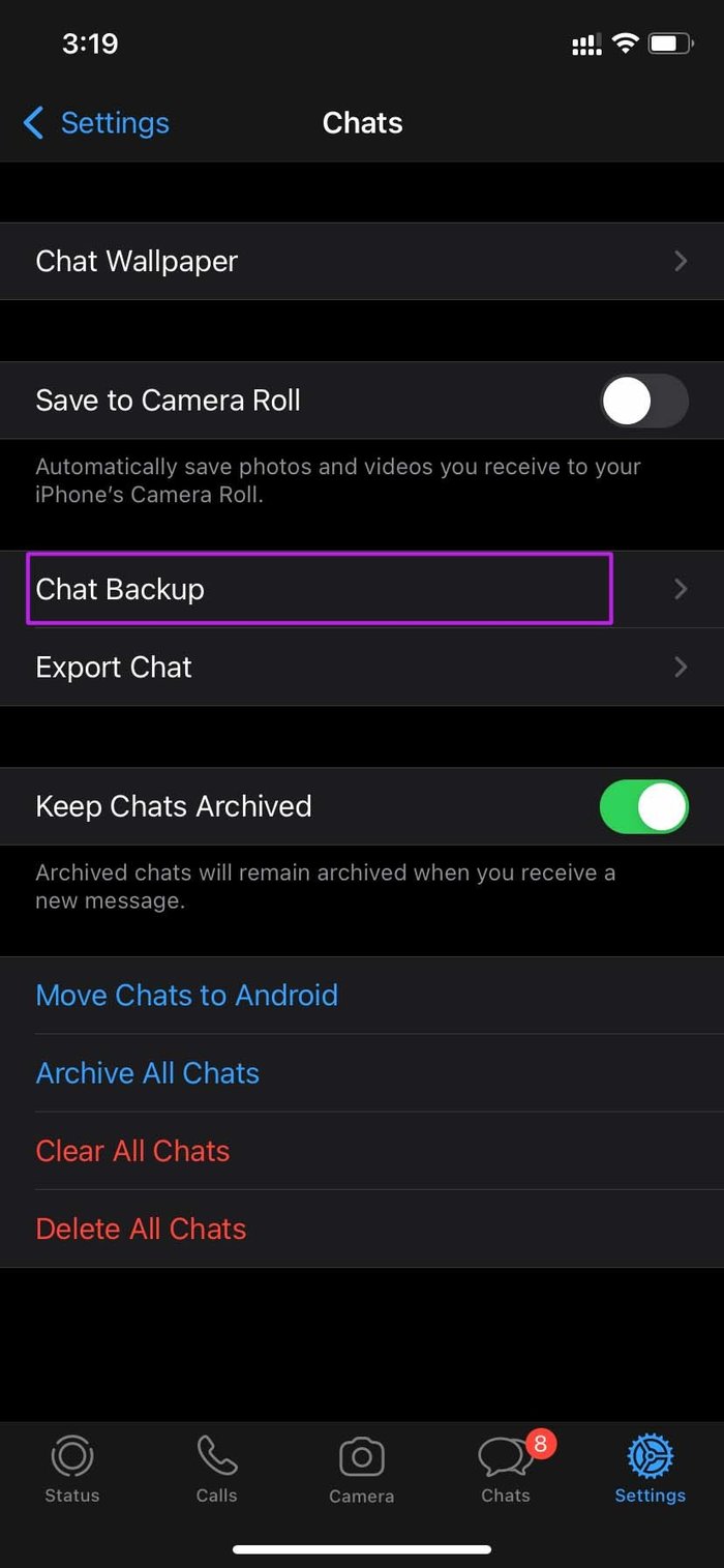 Abra el menú de copia de seguridad del chat de WhatsApp