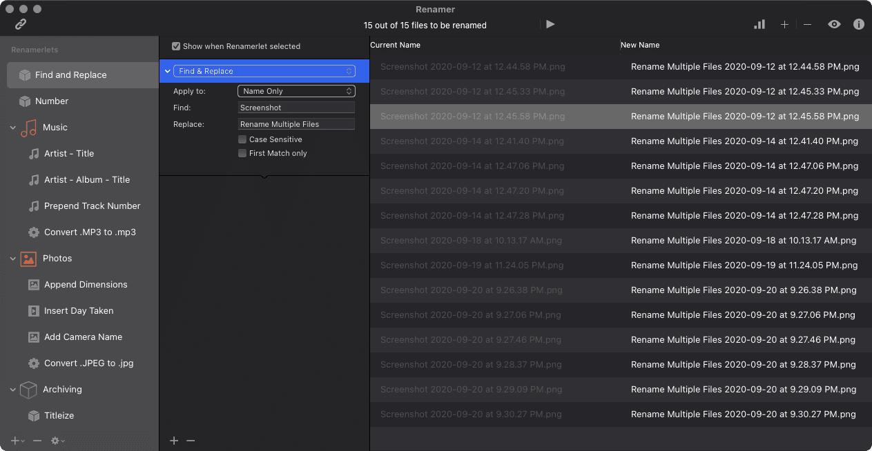 Renombrador para cambiar el nombre de varios archivos en mac 2