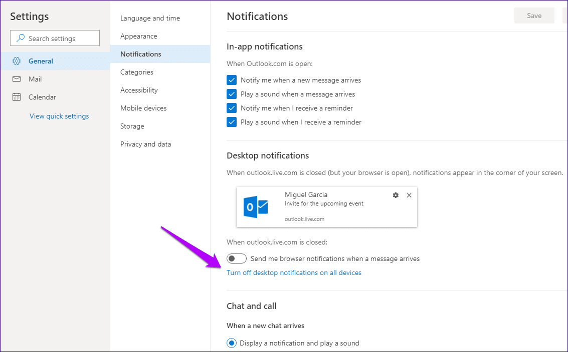 Notificaciones de escritorio de Outlook con Habilitar Deshabilitar 5