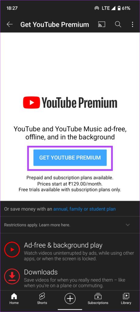 Botón Obtener YouTube Premium