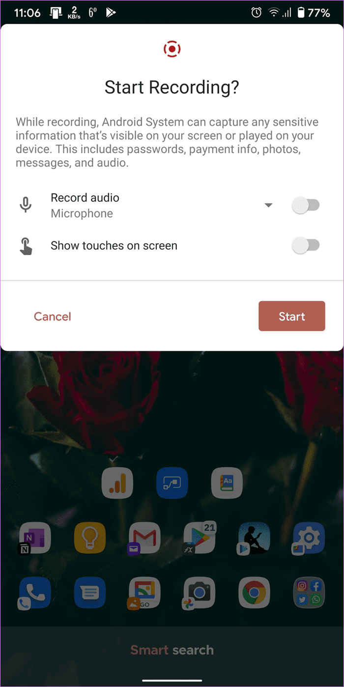 La grabadora de pantalla de Android 11 no muestra 9