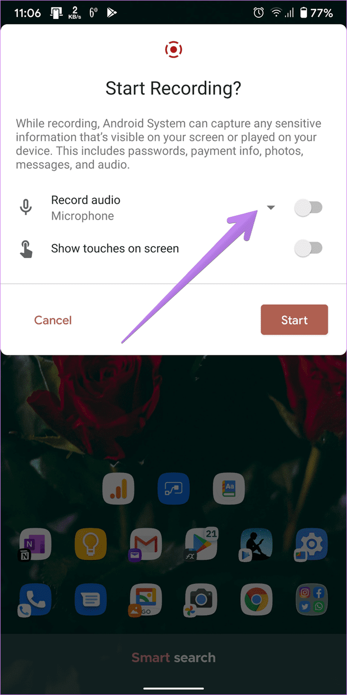 La grabadora de pantalla de Android 11 no muestra 10