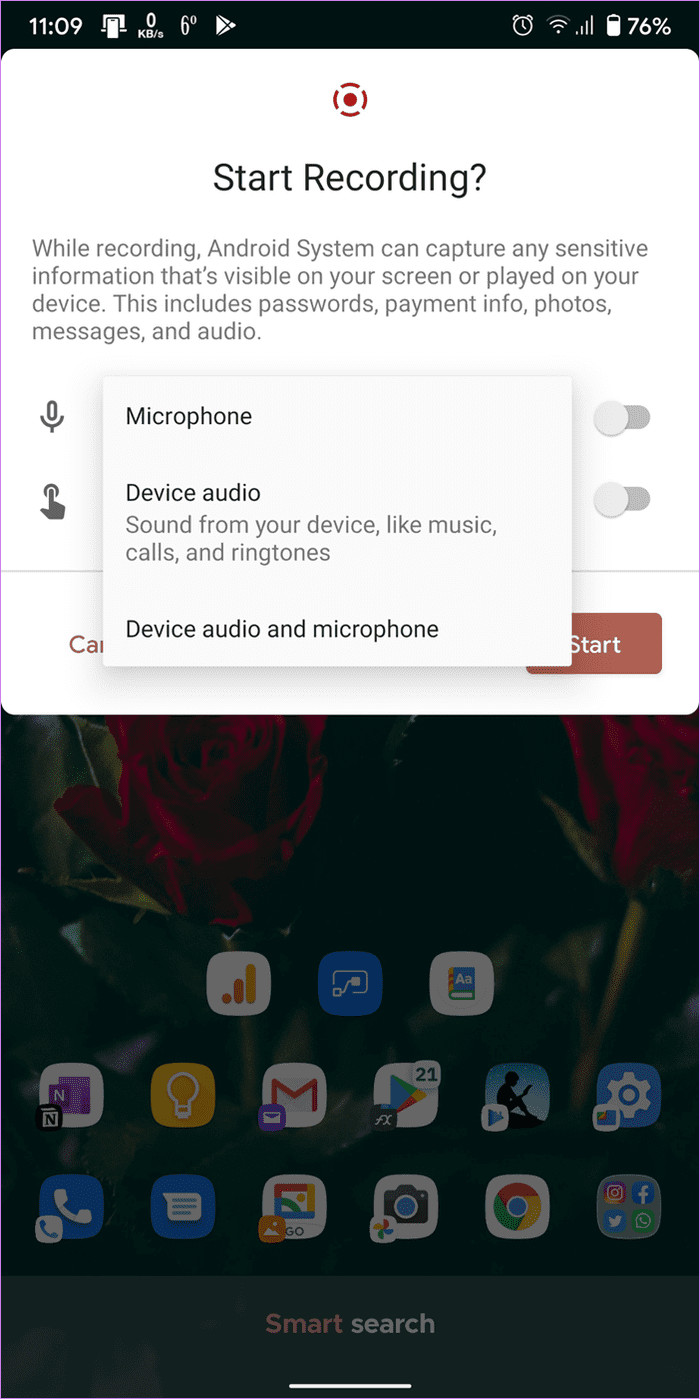 La grabadora de pantalla de Android 11 no muestra 11