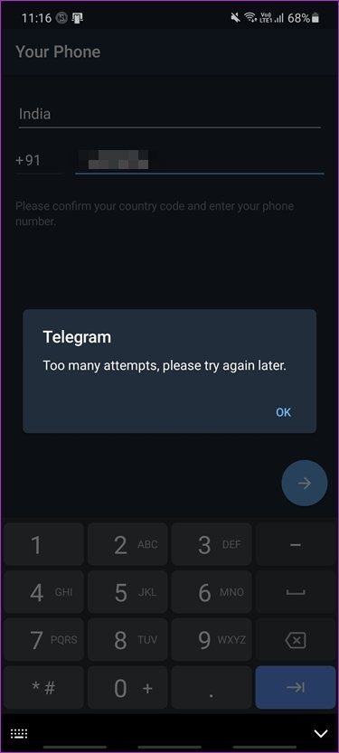 Error de telegrama fijo que no envía el código 6
