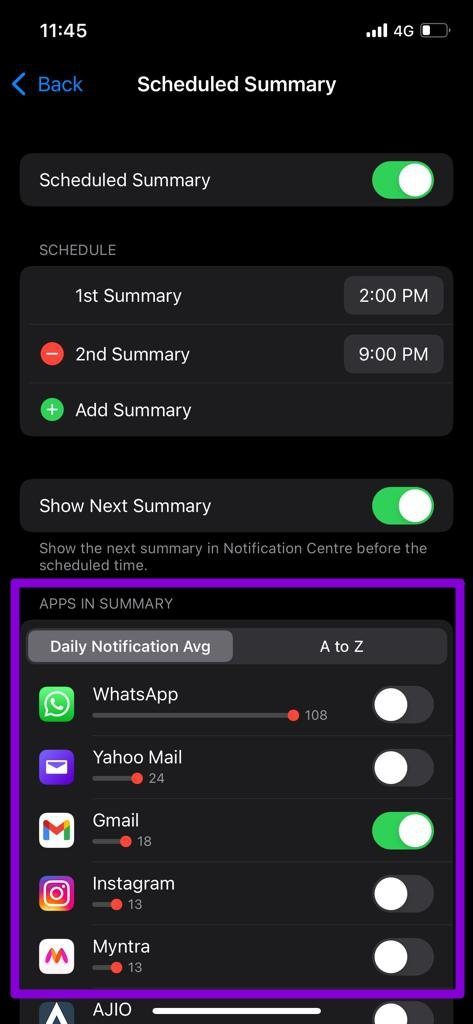 Administrar aplicaciones en Resumen de notificaciones en iPhone
