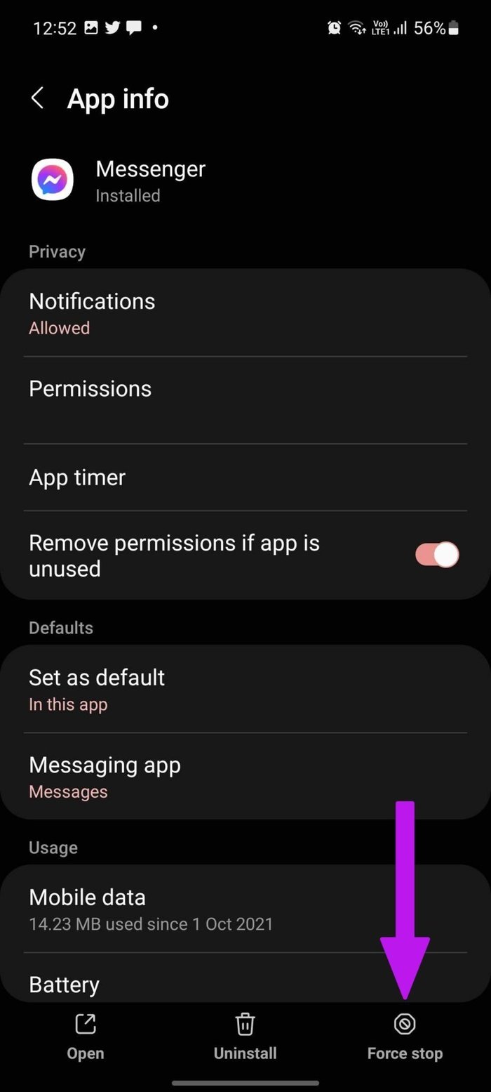 Force Stop Messenger para corregir el retraso de Messenger en Android