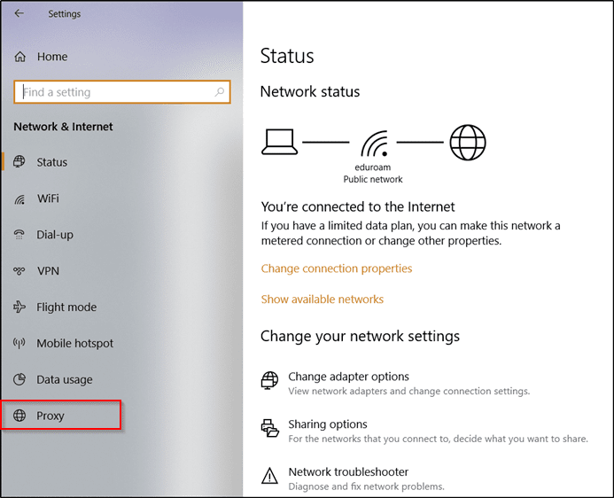Configuración de red de Windows y proxy de Internet