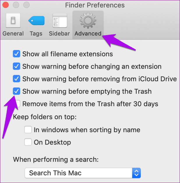 Eliminar archivos de forma permanente Mac Show Warning antes de vaciar la papelera de reciclaje
