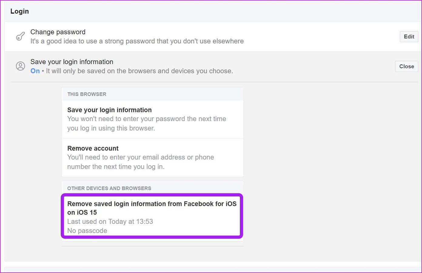 Eliminar detalles de inicio de sesión guardados eliminar el correo electrónico recordado de inicio de sesión de Facebook