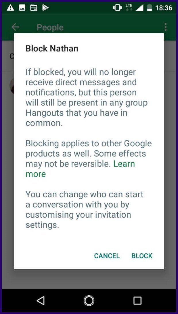 Cómo bloquear a alguien en Google Hangouts para Android iPhone paso 16