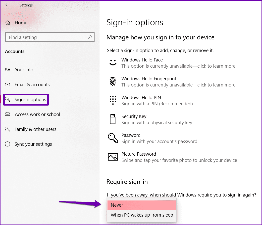 Cómo deshabilitar la contraseña de inicio de sesión en las opciones de inicio de sesión de Windows 10
