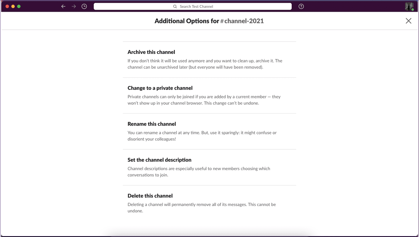 Opciones adicionales de canales de Slack