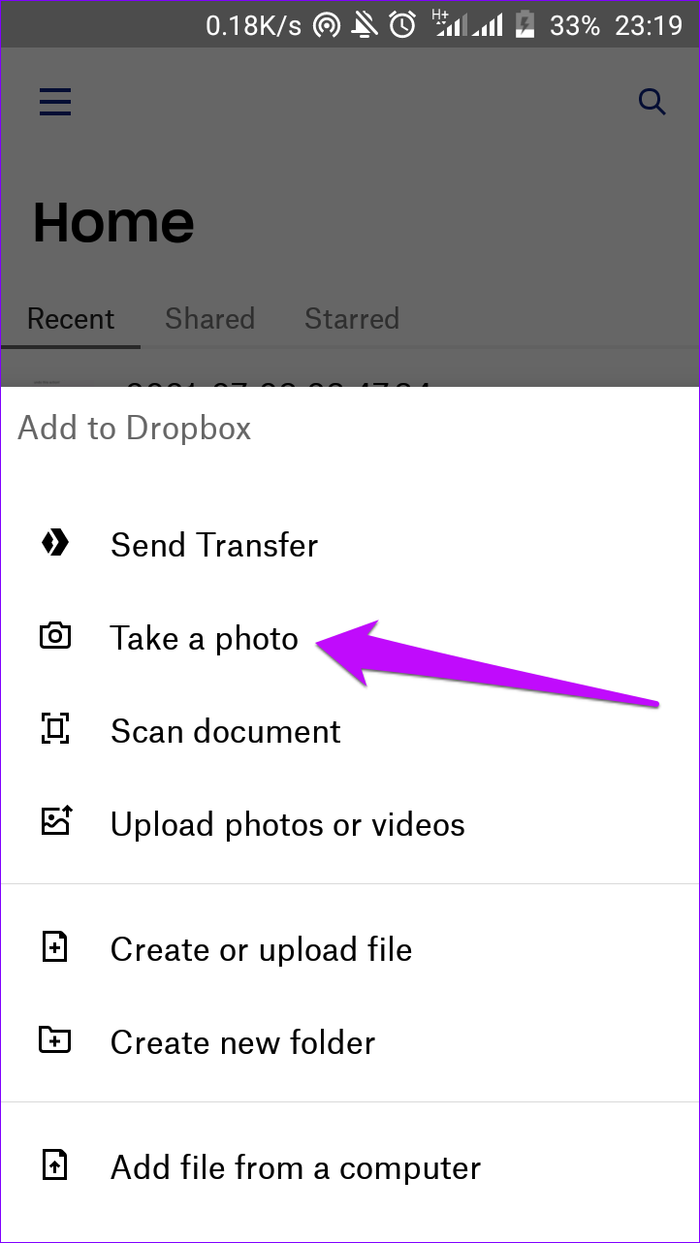 Dropbox toma una foto en la aplicación