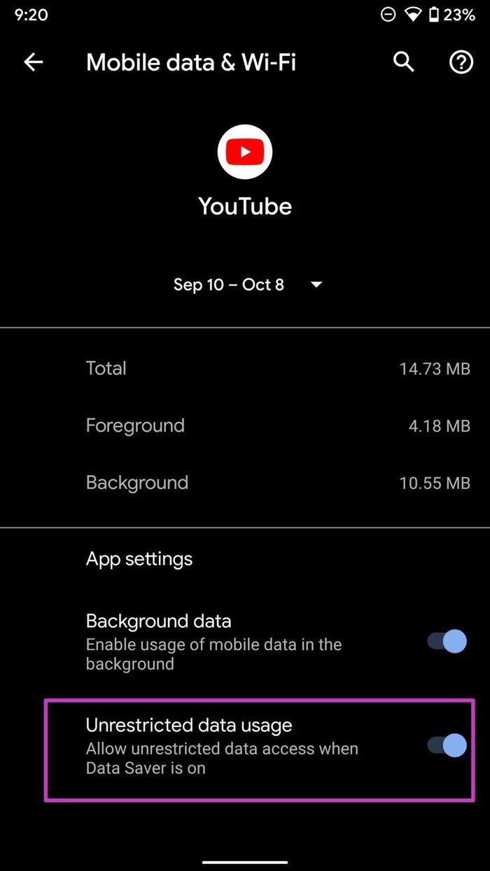 Habilite el uso ilimitado de datos para YouTube