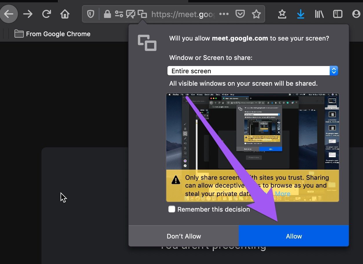 Arreglar el uso compartido de pantalla de Google Meet que no funciona en Firefox 03