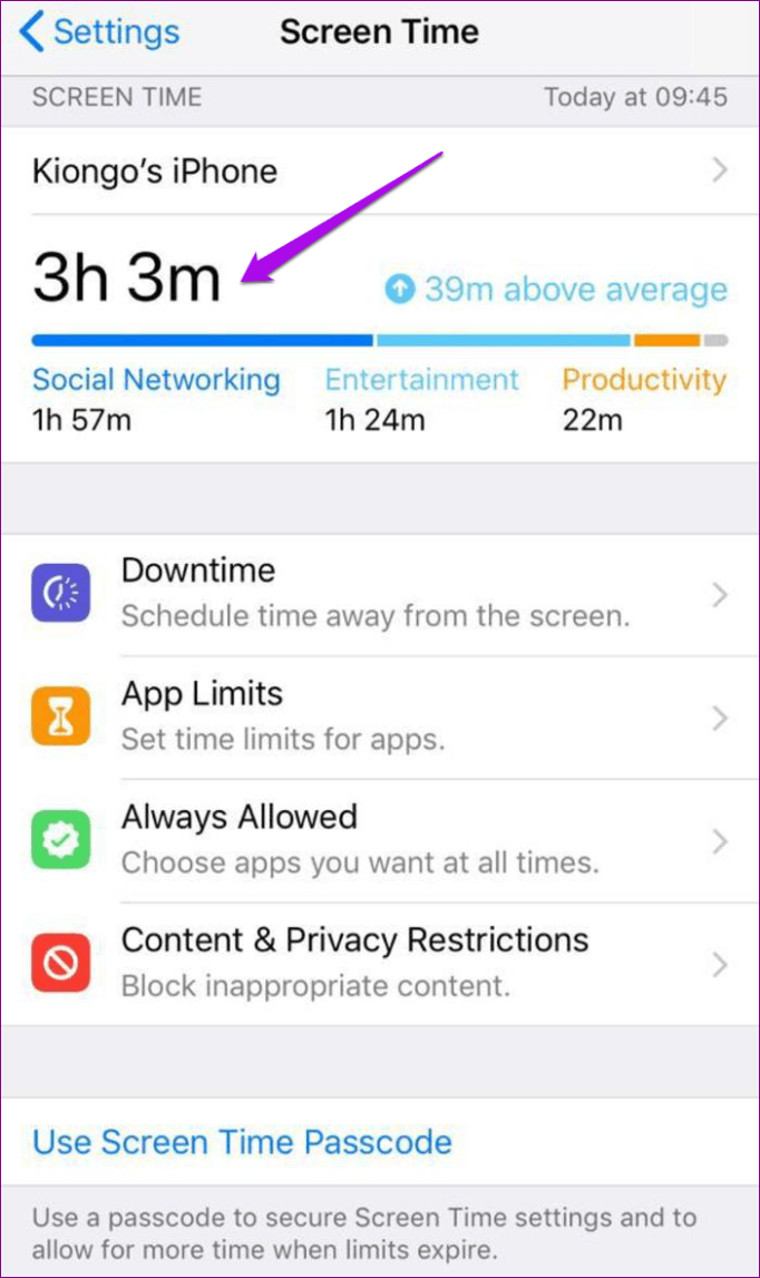 Verifique la configuración de iOS de Screen Time de diferentes dispositivos usando Screen Time