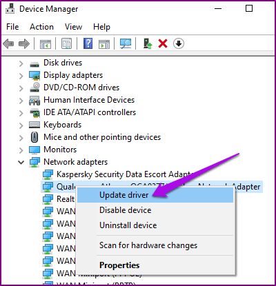 La computadora portátil con Windows no se conecta a la configuración del punto de acceso de Android Solucionar problemas de actualización del adaptador de red