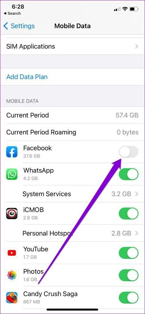 Habilitar datos móviles para Facebook