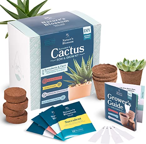 Nature's Blossom Succulent & Cactus Growing Kit. A Complete Set to Grow Succulents & Cacti Plants from Seed. Seeds, Pots, Soil, Labels & Gardening Guide Included. Indoor Garden Gift f...